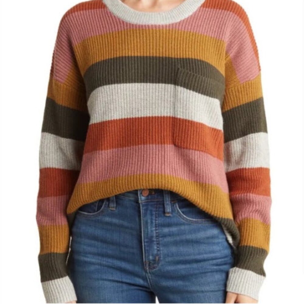 Madewell Women's Striped Sweater in Pink, Orange, and Olive Size large